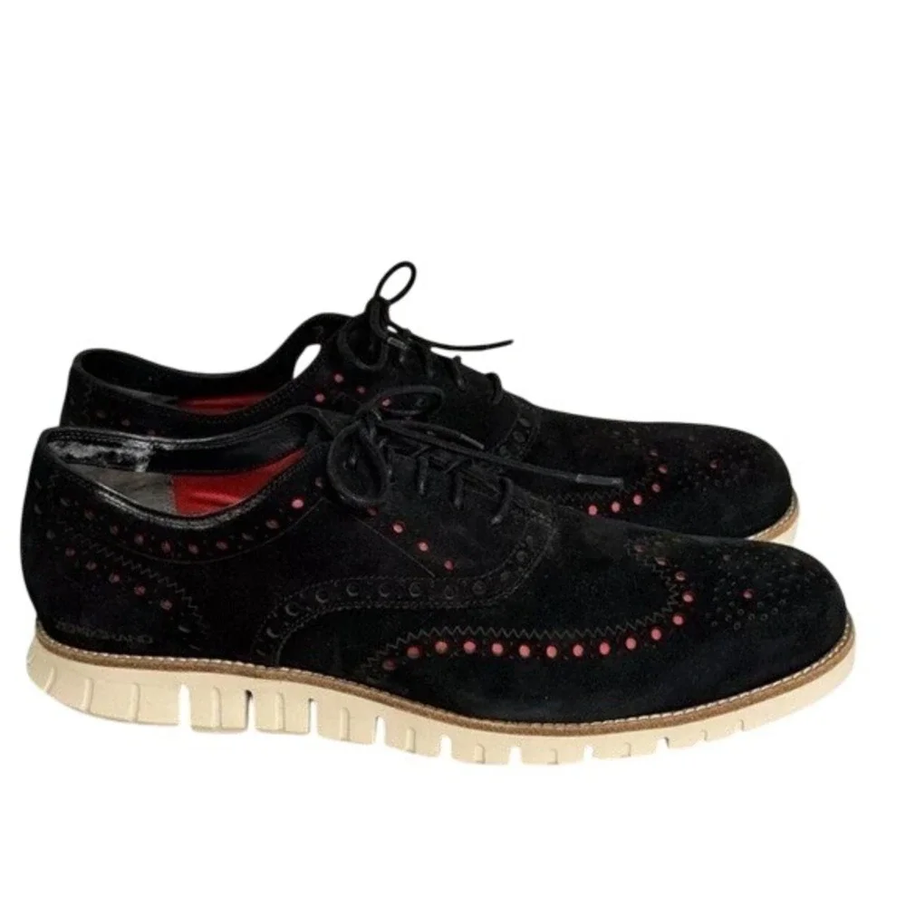 Cole Haan Zerogrand Wingtip Oxford Shoes Black‎ Suede Red Accents Mens 11.5